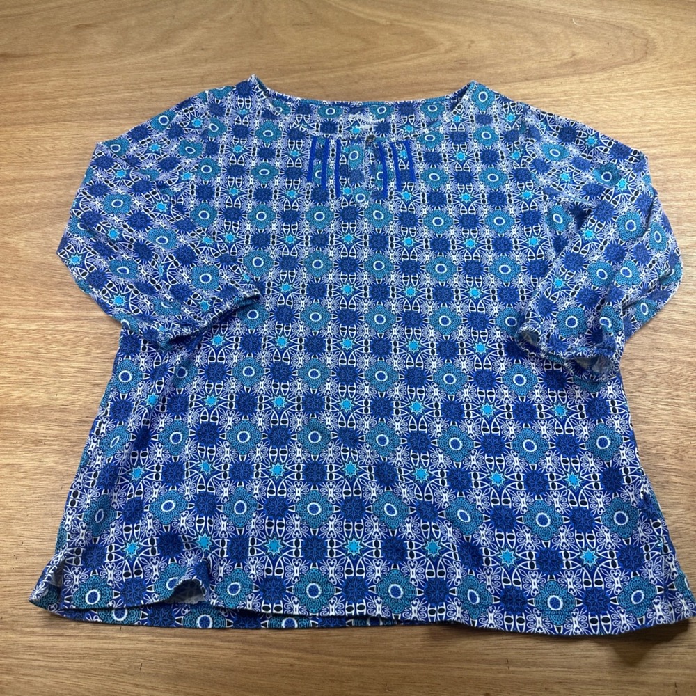 Kim Rogers Blue Teal Geometric Crochet Neck Cotton Top Elastic Sleeve L
